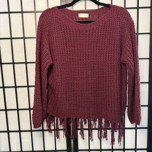 Altar'd State Maroon 1/4 Sleeve Fringed Sweater Small